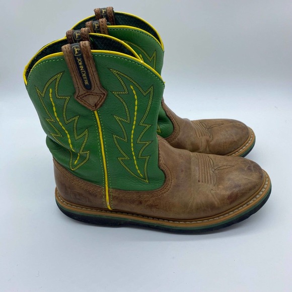 John Deere Shoes John Deere Youth Kids 45m Brown Leather W Green Uppers Round Toe Cowboy